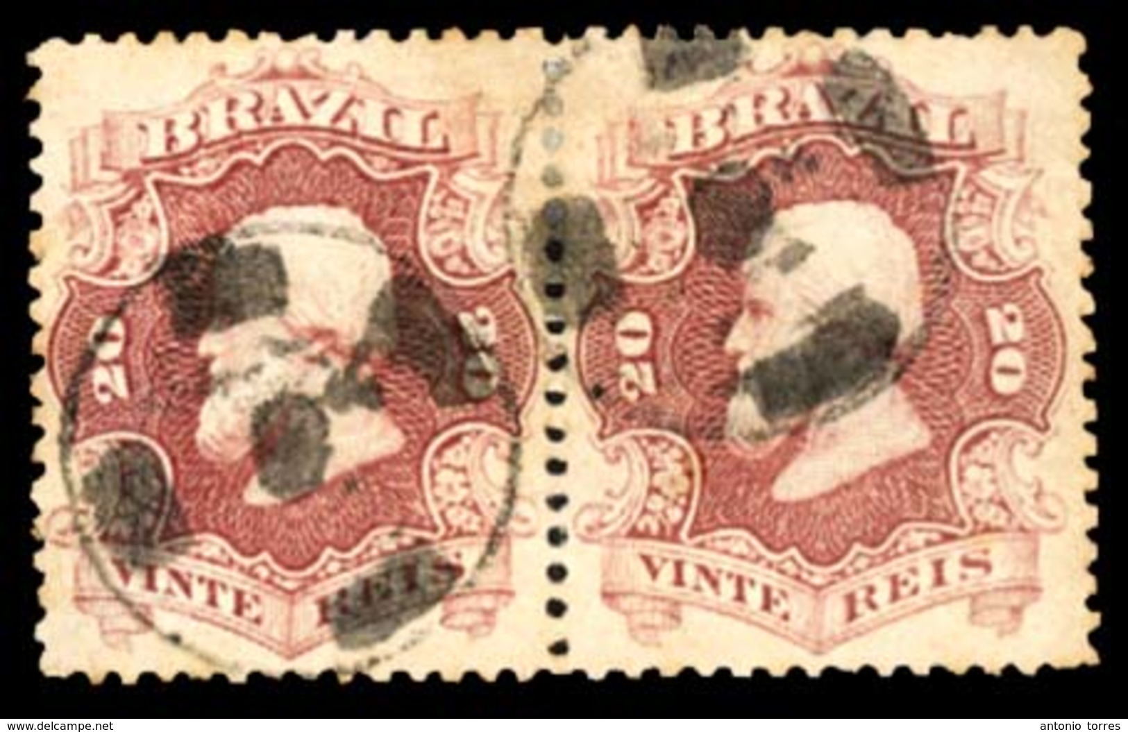 BRAZIL. 1866. 20r Rose Lilac, A Fine Pair Cancelled By Two Complete Strikes Of Circular Handstamp With Five Marks Within - Sonstige & Ohne Zuordnung