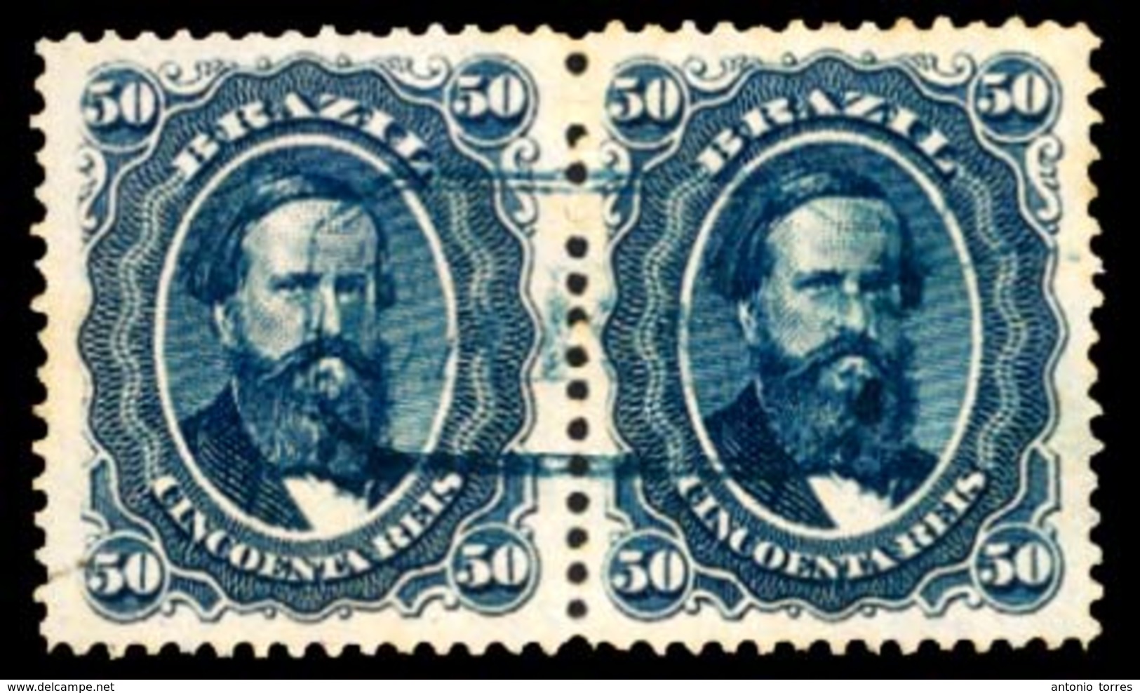 BRAZIL. 1866. 50r Blue, A Very Fine Pair Cancelled By Complete Strike Of Framed 'CARMO' Handstamp In BLUE. Very Scarce.  - Other & Unclassified