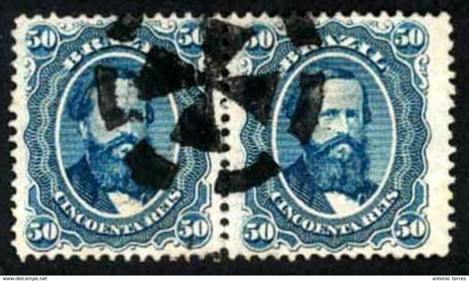 BRAZIL. 1866. 50r Blue, A Pair Cancelled By Oval 'PELOTAS' Circular Cork Handstamp In Black. Fine Near Complete Strike.  - Other & Unclassified