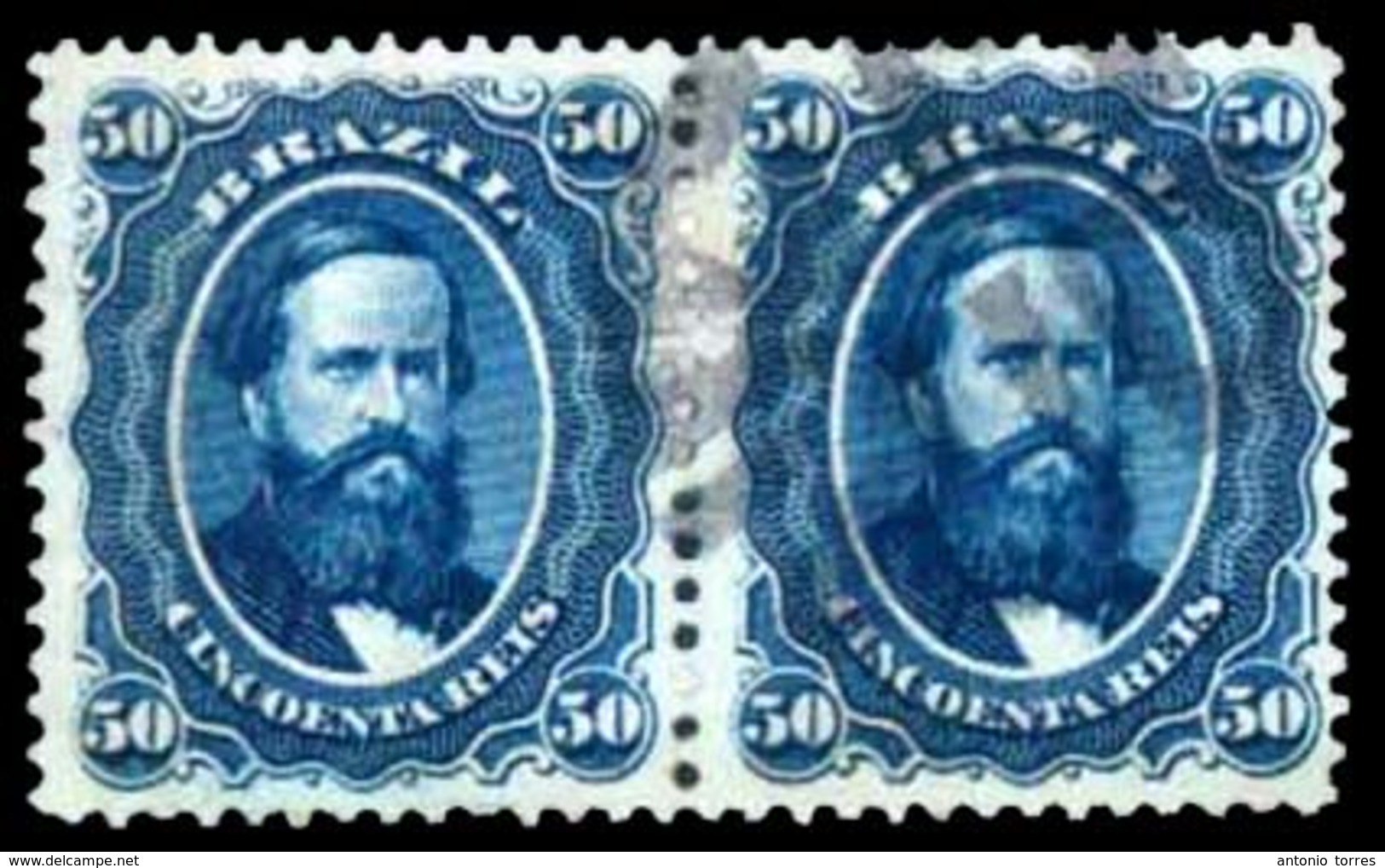 BRAZIL. 1866. 50r Blue, A Fine Lightly Used Pair Cancelled In Black Printed On Thick Paper With Printer's Grip Marking O - Altri & Non Classificati