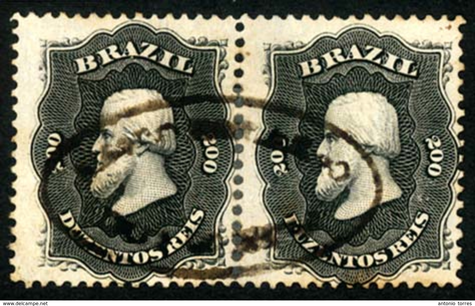 BRAZIL. 1866. 200r Black, A Fine Used Pair Cancelled By Complete Strike Of Scarce 'N.S. DO ROZARIO DOS QUATIS' Handstamp - Altri & Non Classificati