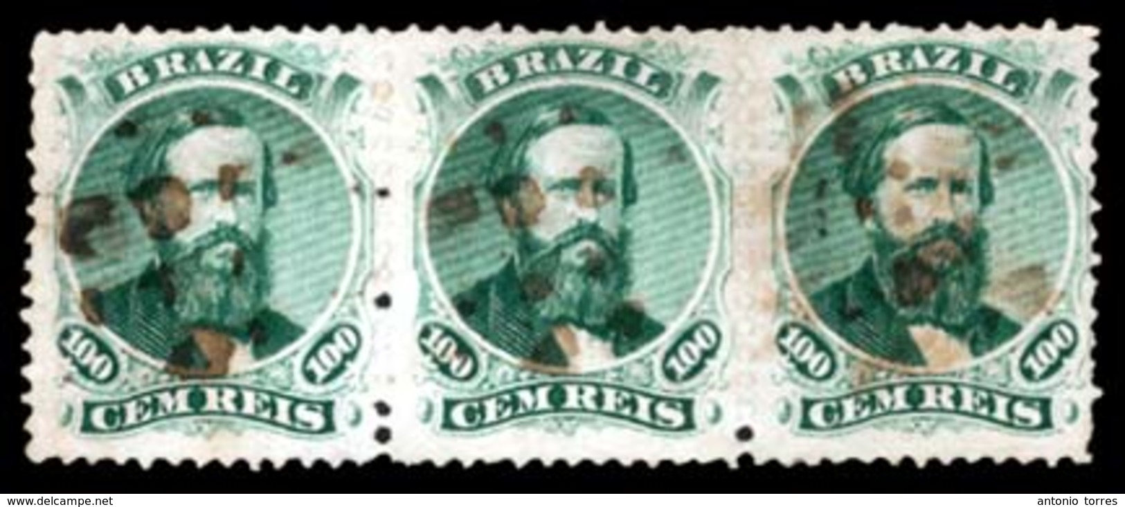 BRAZIL. 1866. 100r Green. Strip Of Three Showing Two Types: Left And Right Stamps Are Type I, Central Stamp Type IA. Fin - Altri & Non Classificati