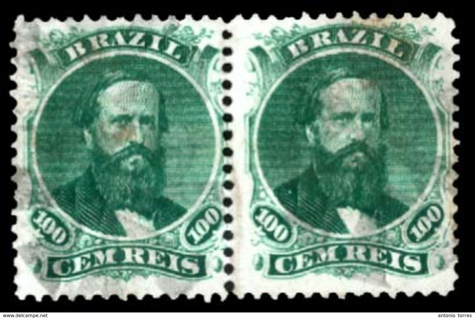 BRAZIL. 1866. 100r Green, A Good Used Pair Showing Left Hand Stamp Type II And Right Stamp Type IA. Scott 58. Meyer 27,  - Other & Unclassified