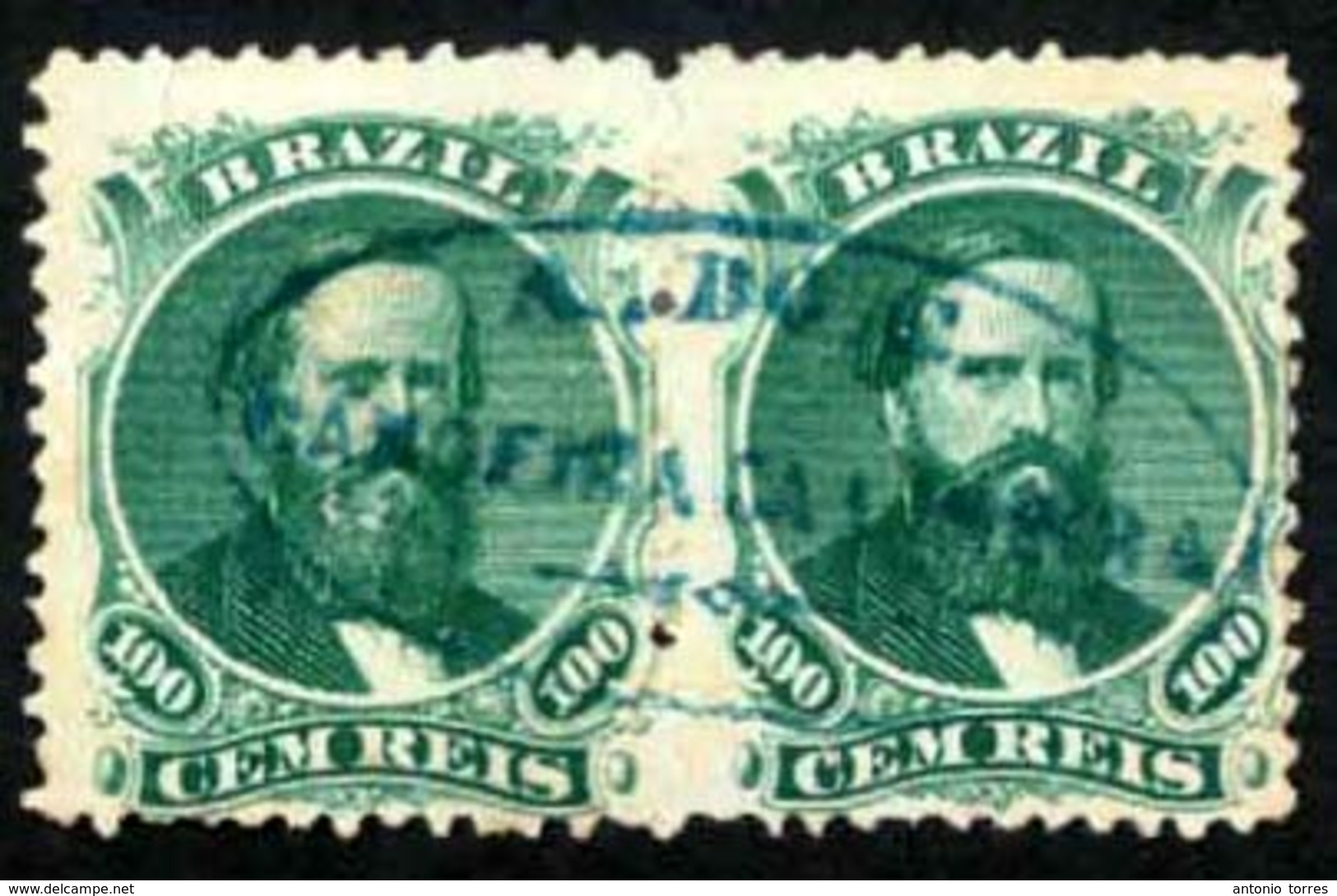 BRAZIL. 1866. 100r Green, A Good Used Pair Showing Left Stamp Type II And Right Stamp Type I, Neatly Cancelled By Comple - Other & Unclassified