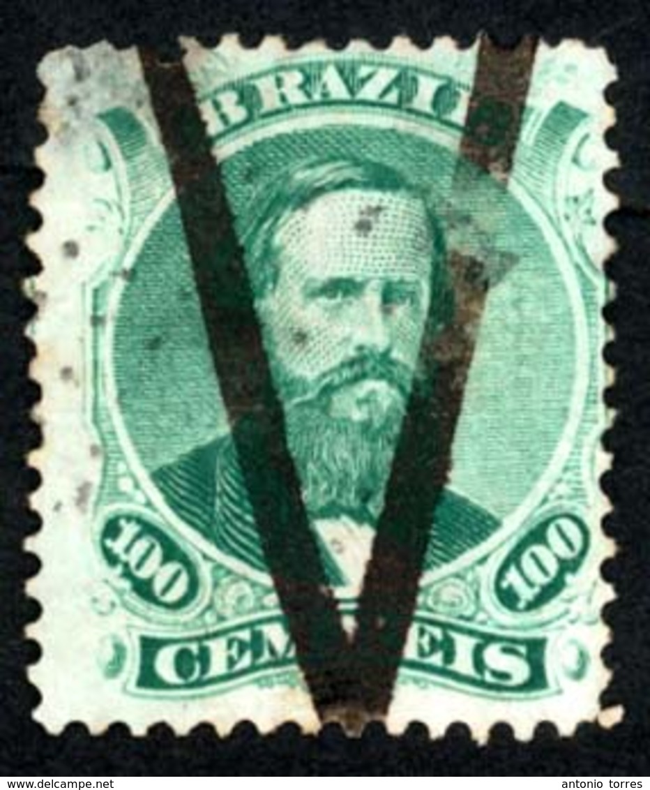 BRAZIL. 1866. 100r Green Cancelled By Faint Dotted Handstamp And Bold Letter 'V' Handstamp In Black, Unlisted By Ayres & - Other & Unclassified