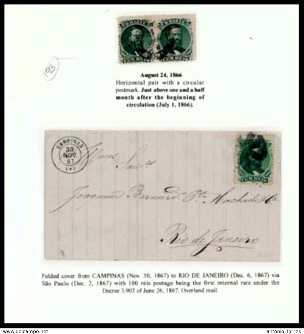 BRAZIL. 1866. 100r Green, Type I. Album Page With Fine Used Pair With Early Dated Cds [24 August 1866] And Also A Single - Autres & Non Classés