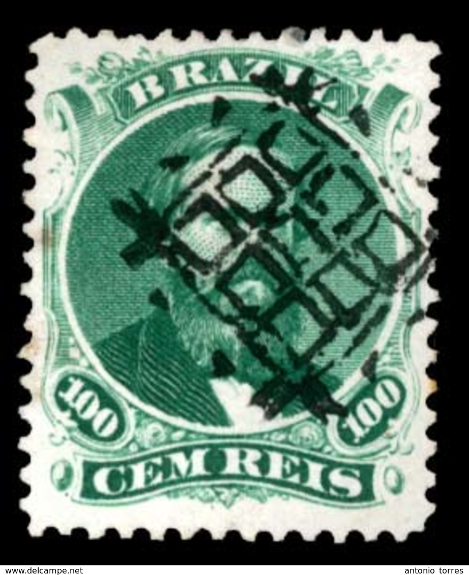 BRAZIL. 1866. 100r Green, Retouched Plate, Type Ia, A Very Fine Used Example Cancelled By Complete Strike Of Crossed Net - Other & Unclassified