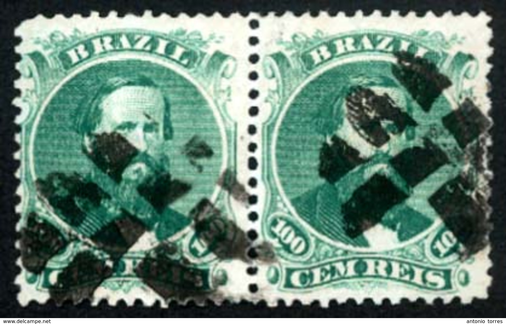 BRAZIL. 1866. 100r Green, 3rd Die, Type IV, On Blued Paper, A Fine Used Pair, The LARGEST KNOWN MULTIPLE, Cancelled By A - Other & Unclassified