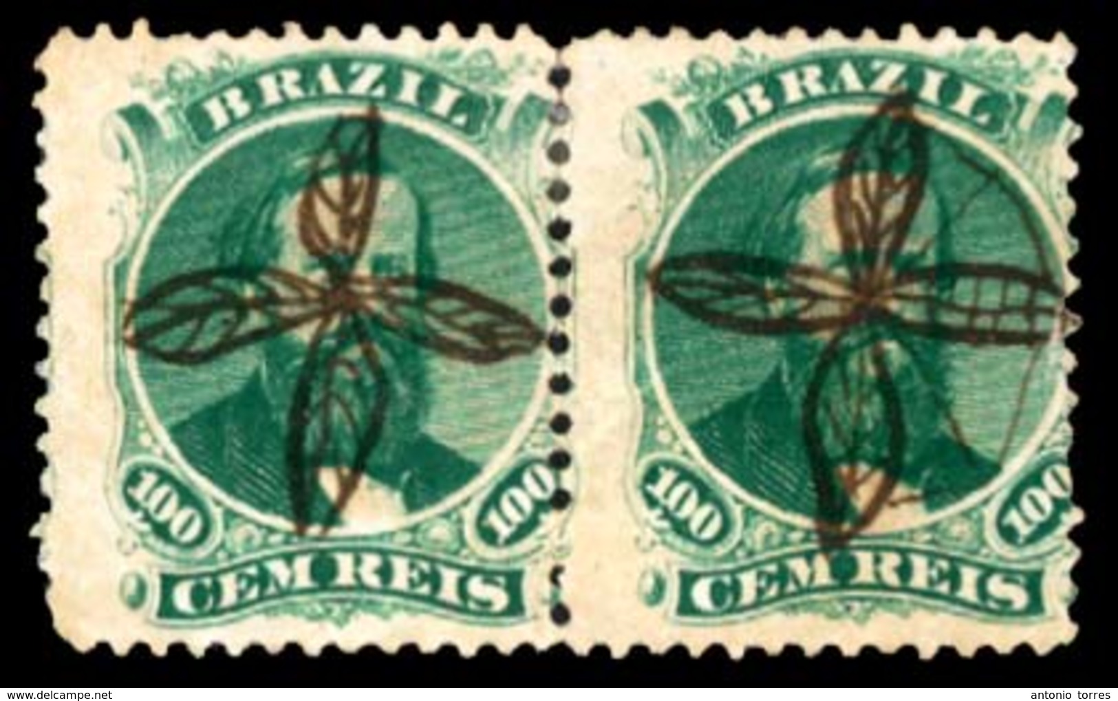 BRAZIL. 1866. 100r Green, Die II, A Delightful Pair Each Stamp Cancelled By Complete 'Flower Petal Cross' Cancellations  - Other & Unclassified