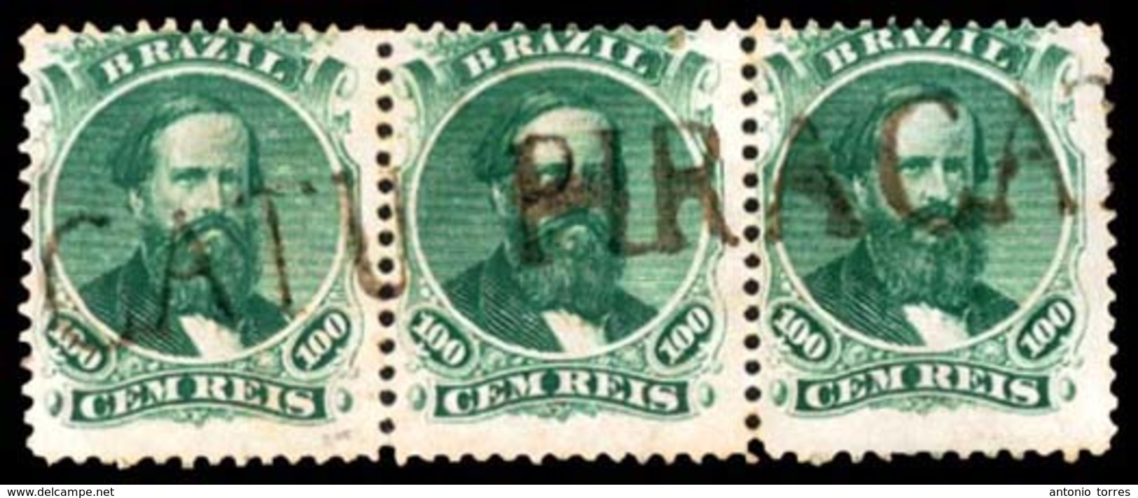 BRAZIL. 1866. 100r Green, Die II, A Very Fine Used Strip Of Three Cancelled By Complete Strike Of Straight Line 'PIRACAT - Altri & Non Classificati