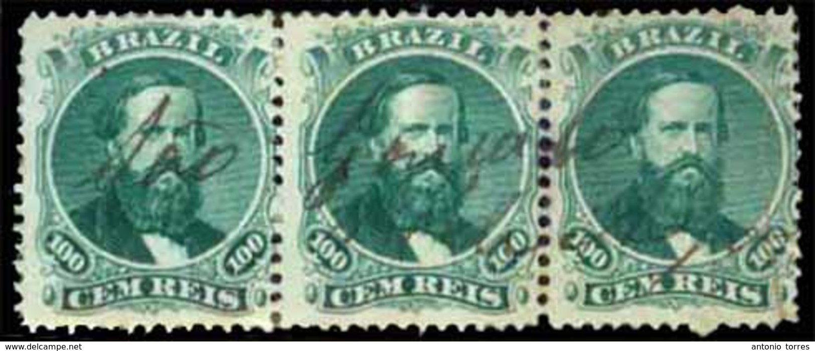 BRAZIL. 1866. 100r Green, 3rd Die, Type IV, A Very Fine Used Strip Of Three Cancelled In Manuscript In Violet Ink With ' - Other & Unclassified