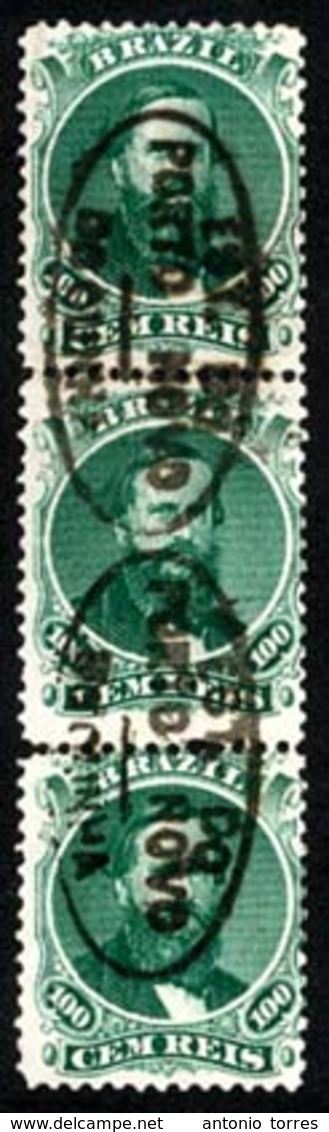 BRAZIL. 1866. 100r Green, 3rd Die, Type IV. A Fine Used Vertical Strip Of Three Bearing Two Complete Strikes Of Oval Fra - Sonstige & Ohne Zuordnung