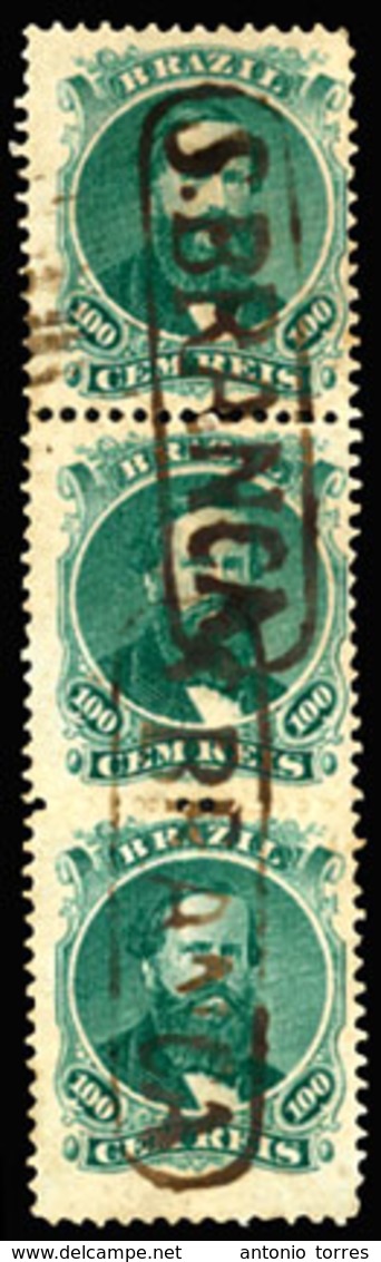 BRAZIL. 1866. 100r Green, 3rd Die, Type IV. A Very Fine Used Strip Of Three Cancelled By Fine Complete Strikes Of Scarce - Other & Unclassified