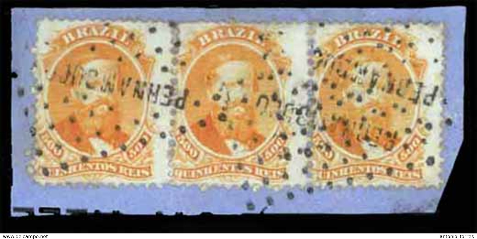 BRAZIL. 1866. 500r Orange, Small Piece Bearing A Strip Of Three Cancelled By PERNAMBUCO Dotted Lozenge Handstamps In Bla - Altri & Non Classificati