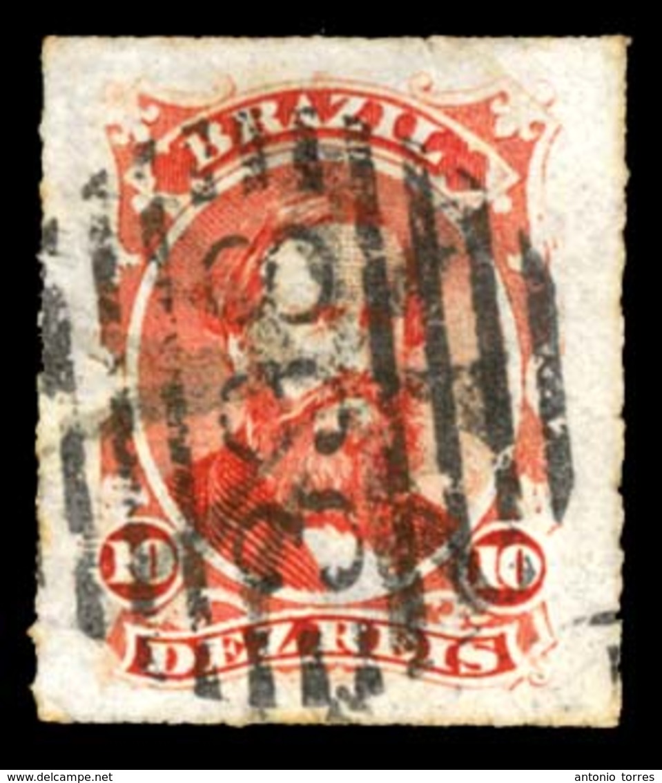 BRAZIL. 1876. 10r Vermilion, A Fine Used Example Lightly Cancelled On Departure And Fully Struck With Italian '398' Nume - Other & Unclassified