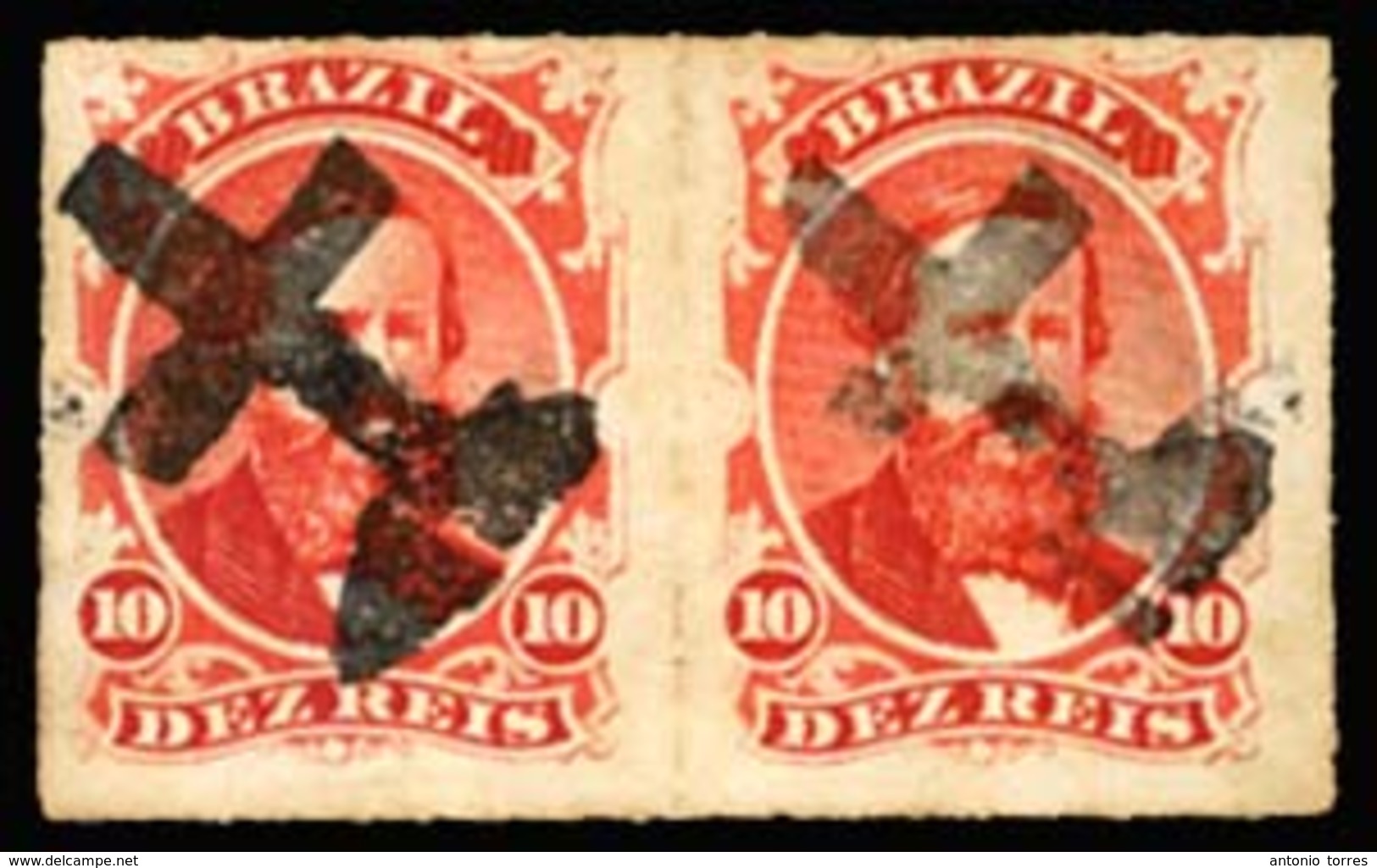 BRAZIL. 1876. 10r Vermilion, A Fine Used Pair Cancelled In Black By Unframed 'Cross' Handstamps In Black, Ayres #0706. S - Altri & Non Classificati