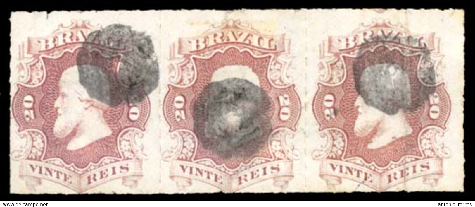 BRAZIL. 1876. 20r Rose Lilac, A Fine Used Strip Of Three In Paler Shade Cancelled In Black With Each Stamp Cancelled By  - Other & Unclassified