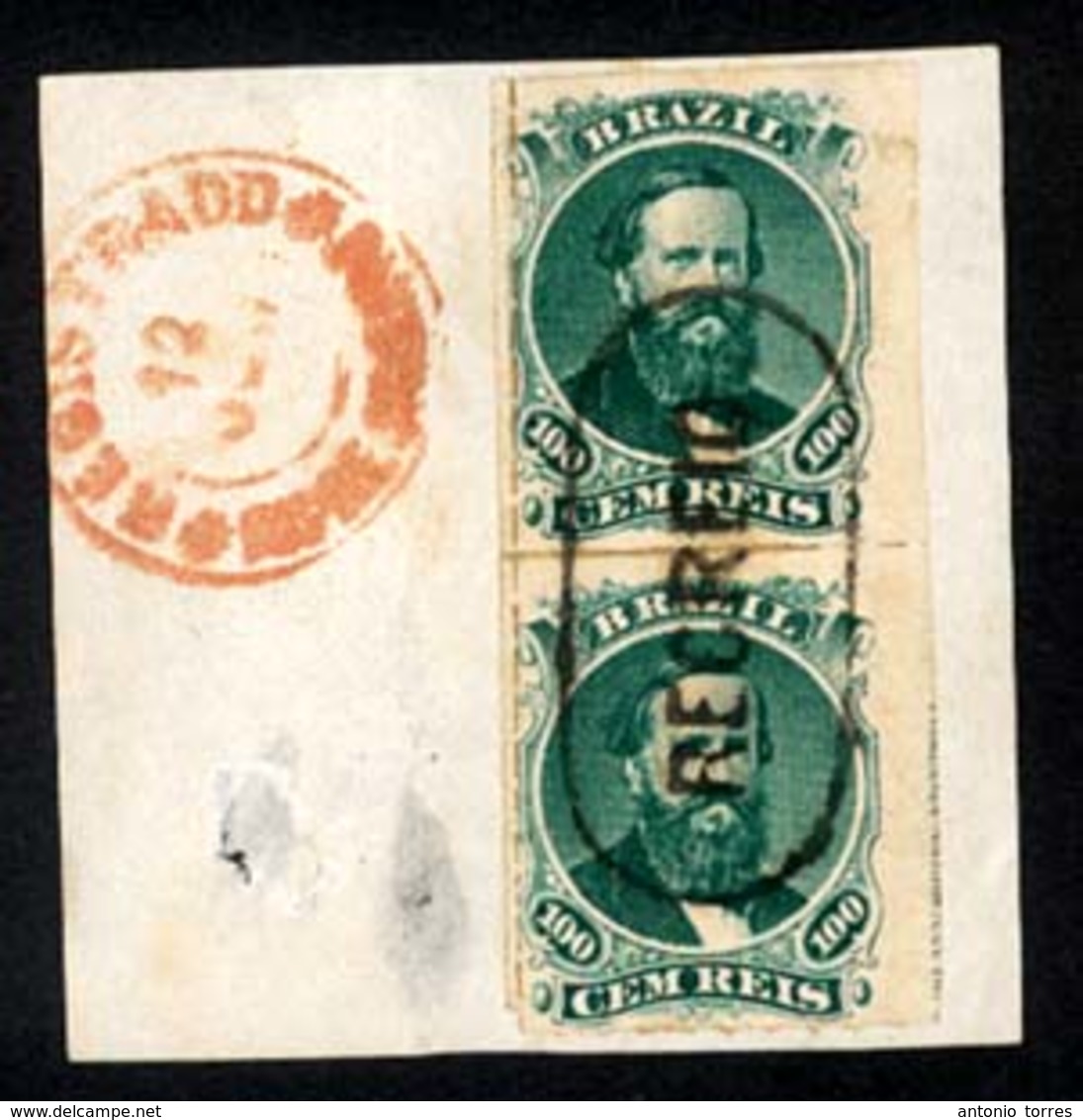 BRAZIL. 1876. 3rd Die, Type IV 100r Green In Vertical Pair On Large Piece Cancelled By Complete Strike Of Oval Framed 'R - Sonstige & Ohne Zuordnung