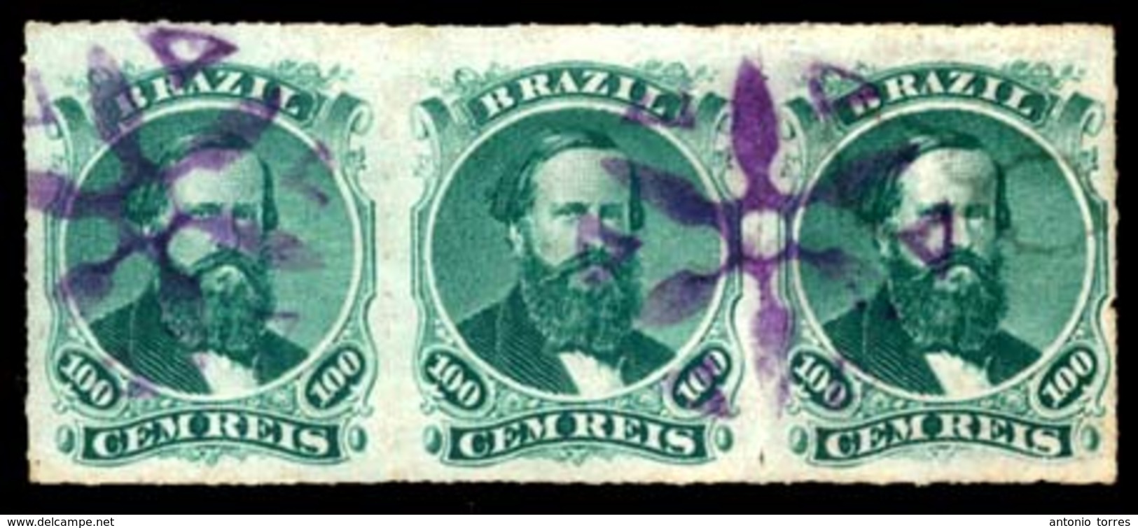 BRAZIL. 1876. 100r Green, 3rd Die, Type IV, A Fine Used Strip Of Three Cancelled By Complete Strikes Of 'PARANAGUA' Whee - Autres & Non Classés