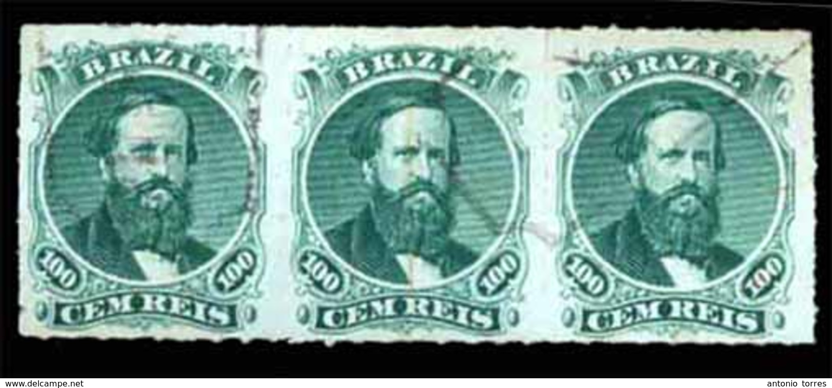BRAZIL. 1876. 100r Green, 3rd Die, Type IV, A Fine Used Strip Of Three Cancelled By Framed 'CAMPO LIMPO' Handstamps In B - Altri & Non Classificati
