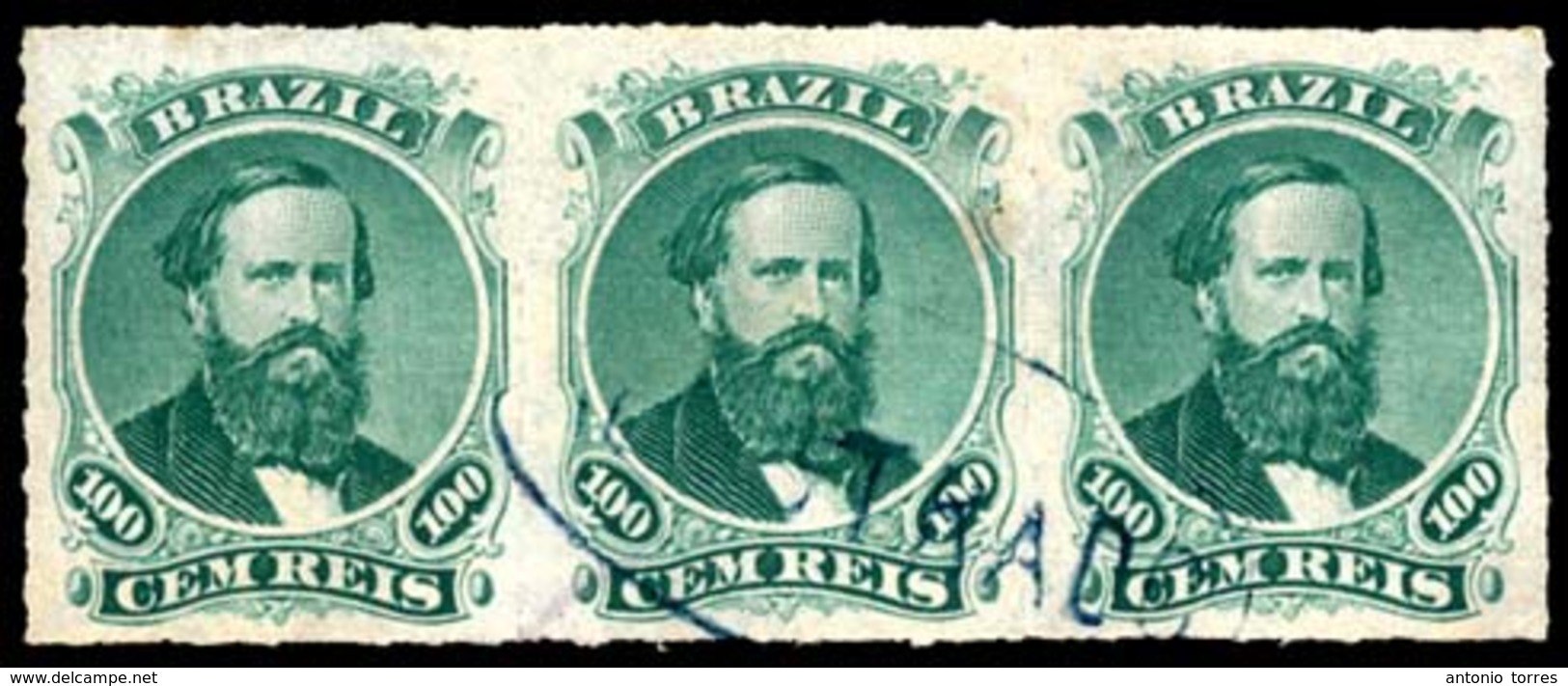 BRAZIL. 1876. 100r Green, 3rd Die, Type IV, A Fine Used Strip Of Three Cancelled Solely By Complete Strike Of Oval Blue  - Autres & Non Classés