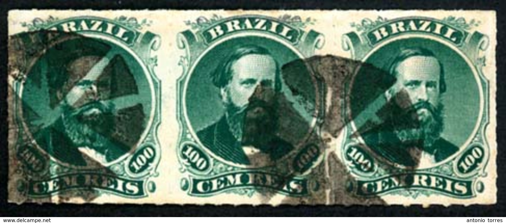 BRAZIL. 1876. 100r Green, 3rd Die, Type IV, A Fine Used Strip Of Three Cancelled By Black Cork Eight Sectioned Handstamp - Altri & Non Classificati