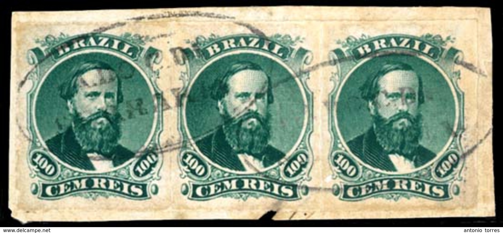 BRAZIL. 1876. 100r Green, 3rd Die, Type IV, A Fine Used Strip Of Three Cancelled On Piece With Complete Strikes Of Oval  - Altri & Non Classificati