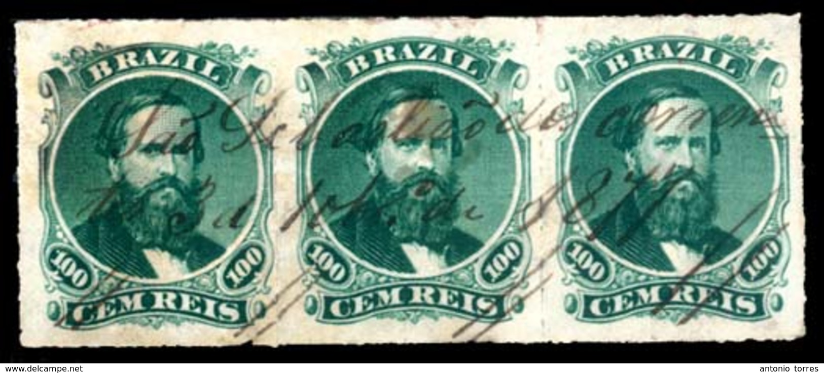 BRAZIL. 1876. 100r Green, 3rd Die, Type IV, A Delightful And Scarce Strip Of Three Cancelled In Manuscript In Violet Ink - Sonstige & Ohne Zuordnung