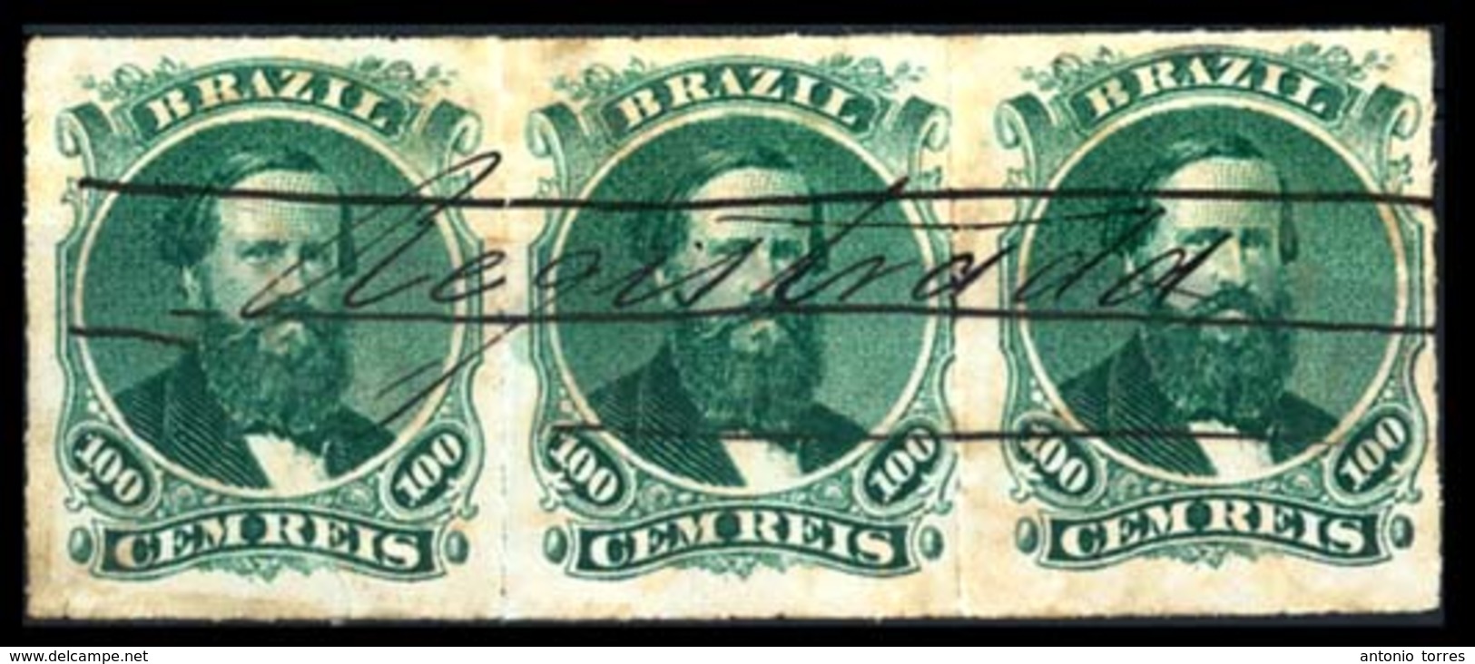 BRAZIL. 1876. 100r Green, 3rd Die, Type IV, A Very Fine Used Strip Of Three Cancelled In Manuscript 'Registrada' And Par - Other & Unclassified