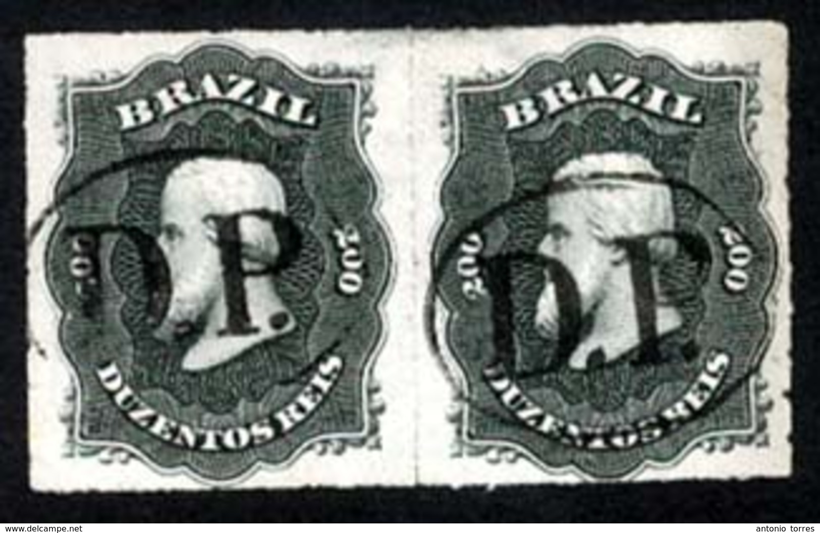 BRAZIL. 1876. 200r Black, A Beautiful Pair Cancelled By Oval 'DP' Handstamps [Too Late] In Black. Superb And Scarce, Ayr - Other & Unclassified
