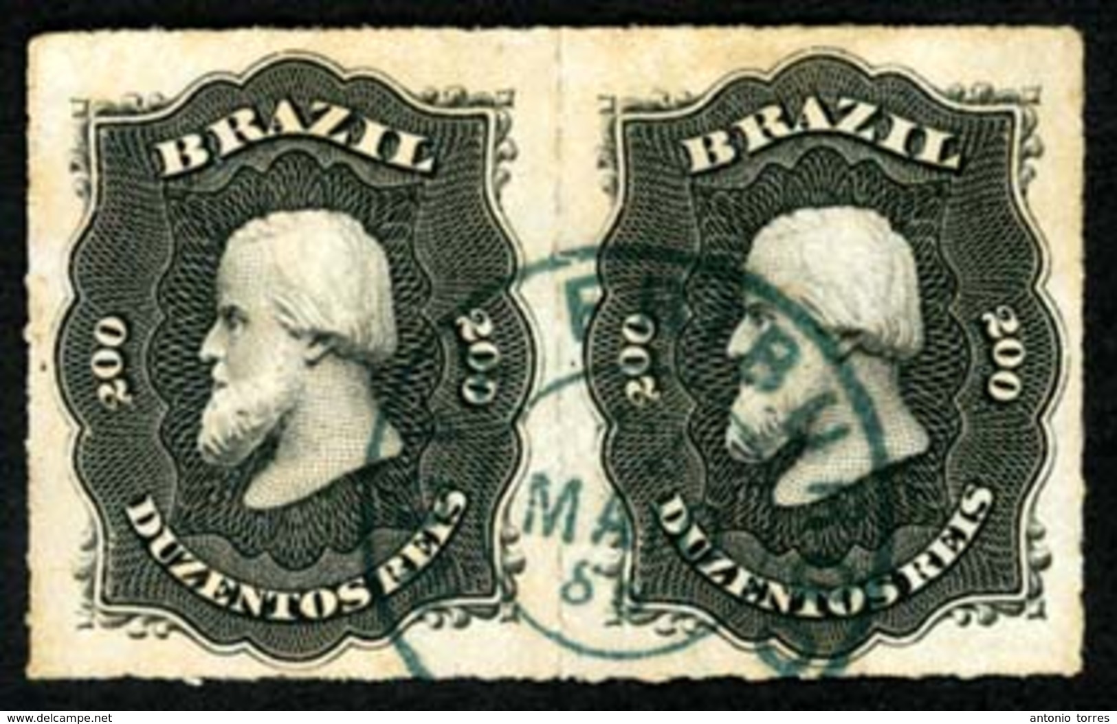 BRAZIL. 1876. 200r Black, A Fine Used Pair Cancelled By NOVA FRIBURGO Cds In BLUE Dated 14.MAIO.80. Scott 66. - Other & Unclassified