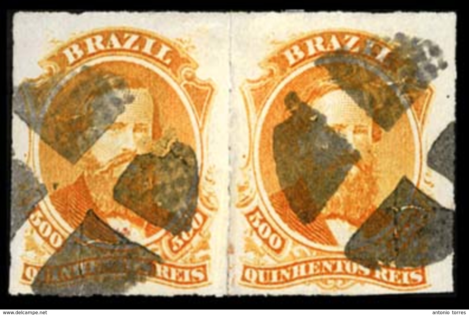 BRAZIL. 1876. 500r Orange, A Fine Used Pair Cancelled By Four Segmented Cork Cancel In Black, Ayres #0019. Scott 67. - Other & Unclassified