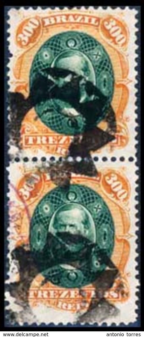 BRAZIL. 1878. 300r Green & Orange, A Fine Used Vertical Pair Cancelled By Framed Black Cork Cancellations, Apparently Un - Sonstige & Ohne Zuordnung