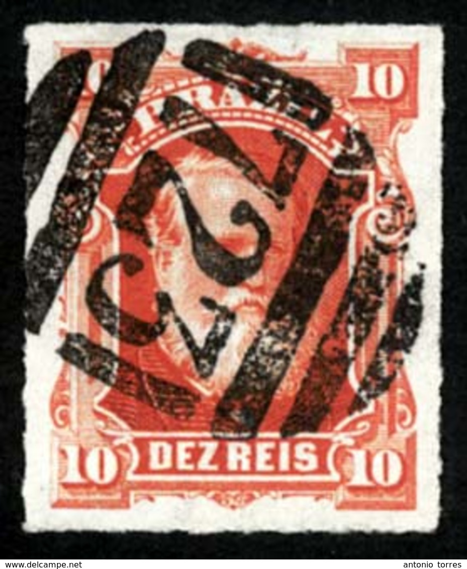 BRAZIL. 1877. 10r Vermilion, A Fine Used Example Solely Cancelled With British '723' Obliterator Of Southampton Struck I - Other & Unclassified