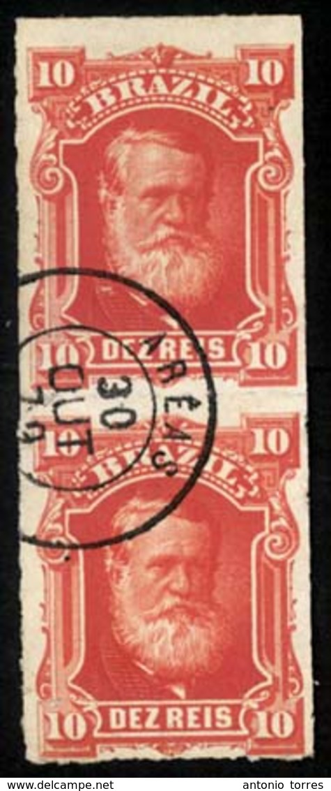 BRAZIL. 1877. 10r Vermilion, A Fine Used Vertical Pair Cancelled By Neat AREAS French Type Cds Dated 30.OUT.79 In Black. - Other & Unclassified