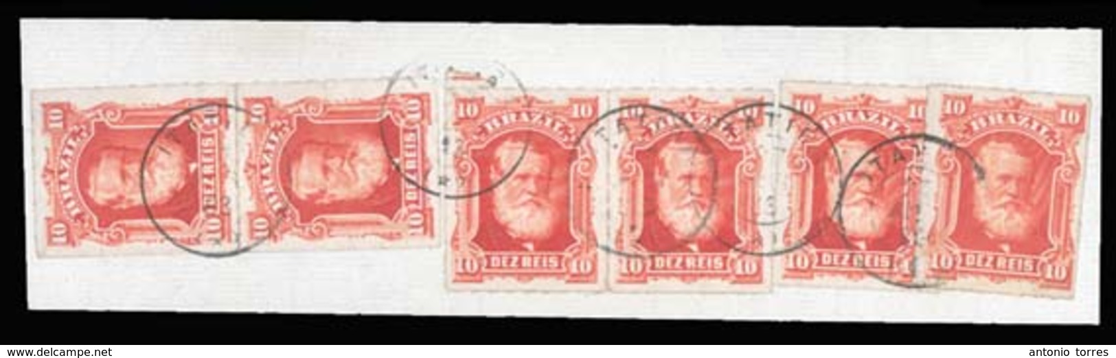 BRAZIL. 1877. 10r Vermilion, A Small Piece Bearing Two Singles, And Vertical And Horizontal Pairs Finely Cancelled By Fr - Altri & Non Classificati