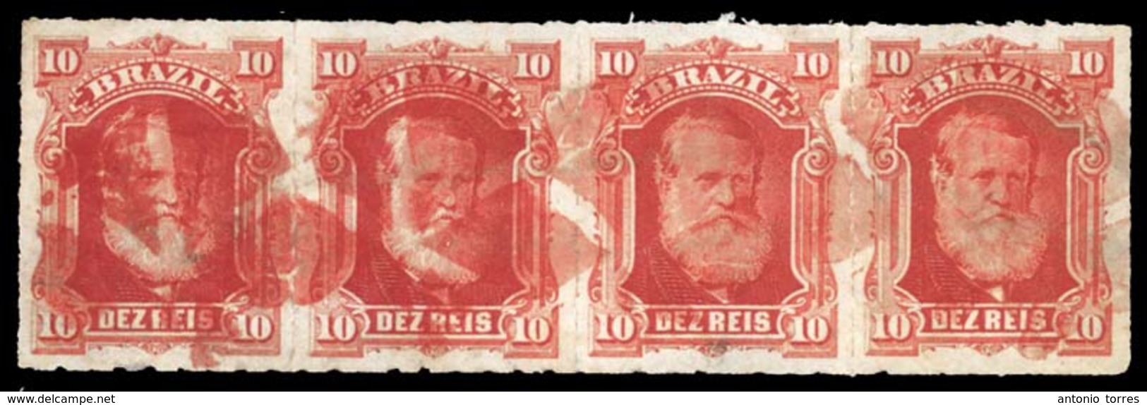 BRAZIL. 1877. 10r Vermilion, A Very Fine Used Strip Of Four Cancelled By Five Segmented Cork Cancellations In RED. Super - Other & Unclassified