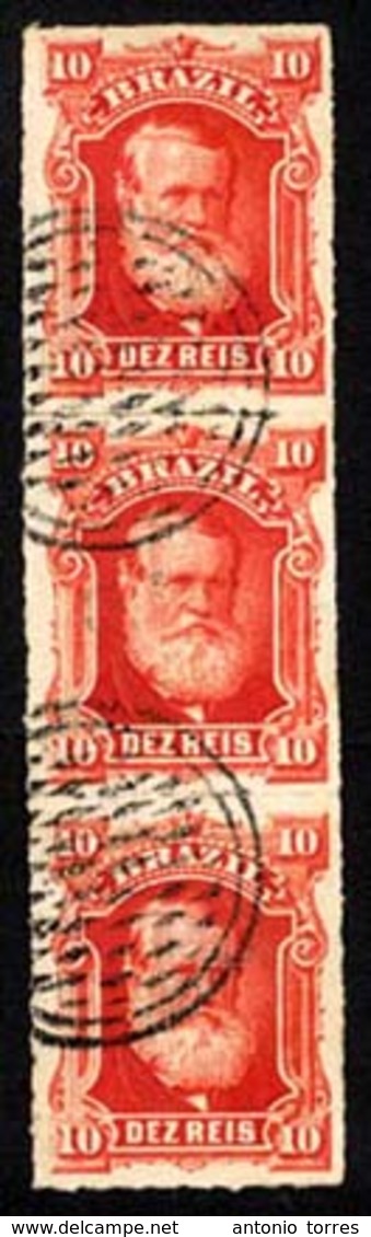 BRAZIL. 1877. 10r Vermilion, A Very Fine Used Strip Of Three, Deep Colour, Cancelled By CAMPOS Fancy Handstamps In Black - Other & Unclassified