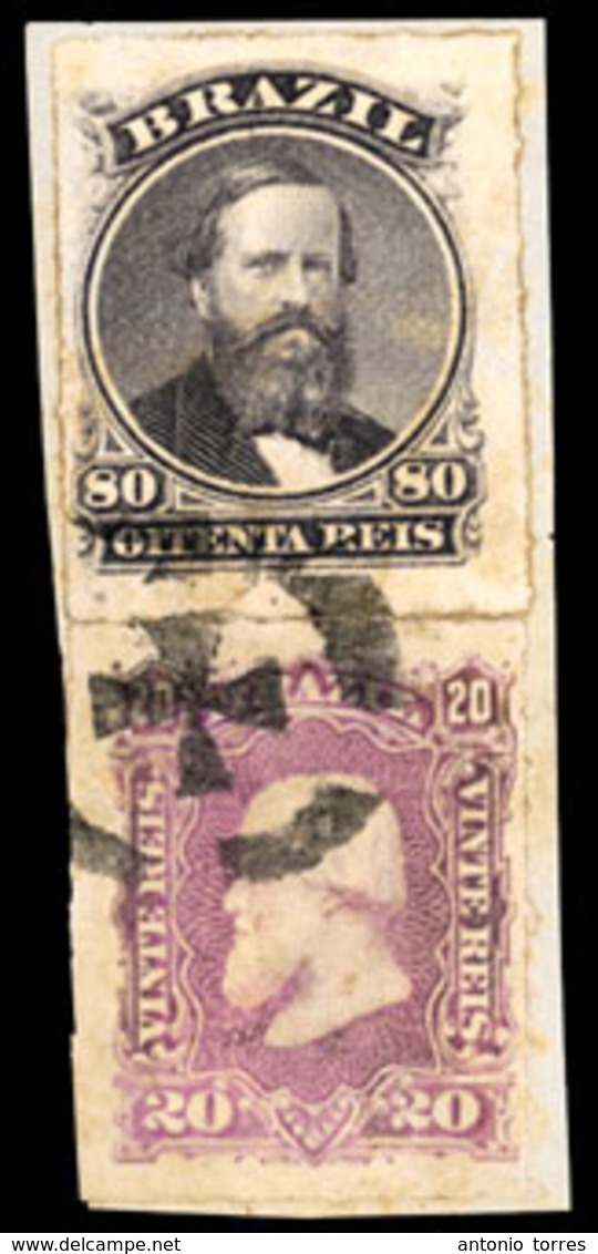 BRAZIL. 1878. 20r Violet On Small Piece With 1876 Rouletted 80r Slate Tied By 'Cross In Circle' PELOTAS Cancellation In  - Altri & Non Classificati