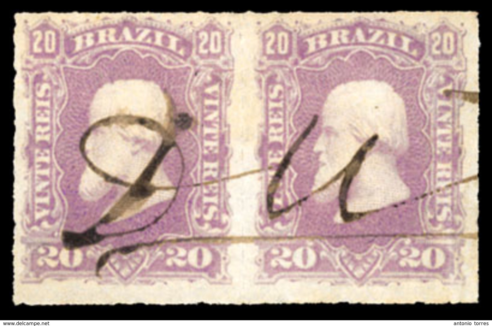 BRAZIL. 1878. 20r Violet, A Used Pair Cancelled 'DU' In Manuscript Ink. Scott 69. - Other & Unclassified