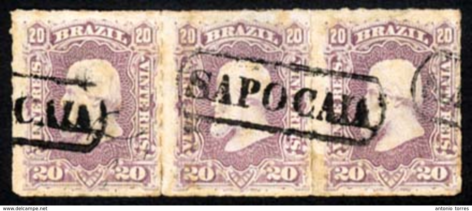 BRAZIL. 1878. 20r Violet In A Strip Of Three Cancelled By Very Fine Strike Of Framed 'SAPOCAIA' Handstamp In Black, Ayre - Autres & Non Classés