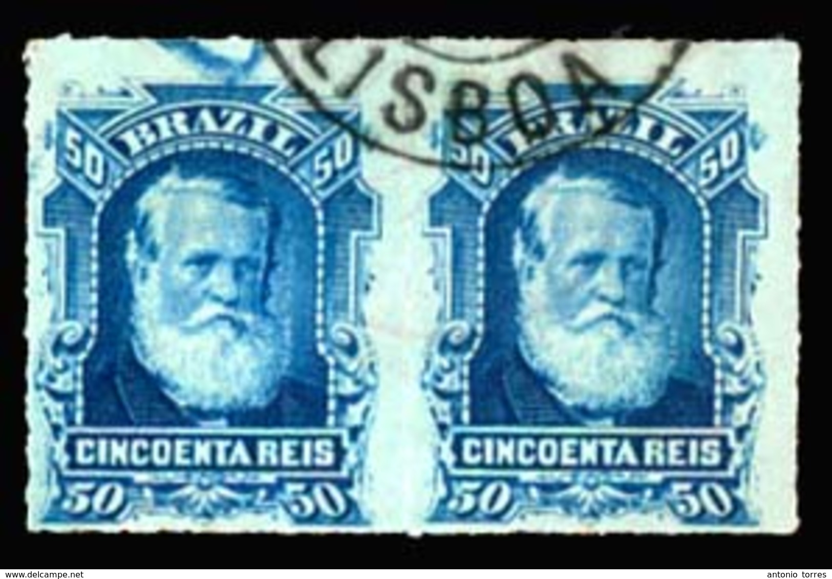 BRAZIL. 1879. 50r Blue On Tinted Blue Paper, Pair Cancelled By Large Part LISBOA Portuguese Arrival Cds In Black. Unusua - Altri & Non Classificati