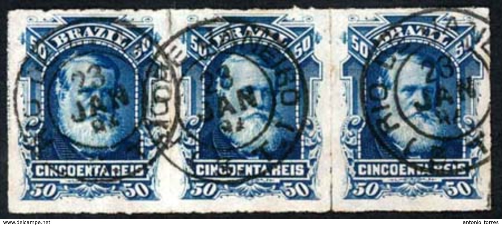 BRAZIL. 1879. 50r Blue In A Fine Used Strip Of Three Cancelled By Upright Rio De Janeiro Cds's Of 23.JAN.84 Struck In Bl - Other & Unclassified