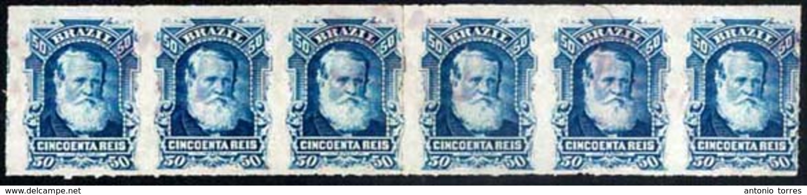 BRAZIL. 1879. 50r Blue In A Strip Of Six [re-joined Strips Of Three] Cancelled By Light Violet Cork Cancels. A Fine And  - Other & Unclassified