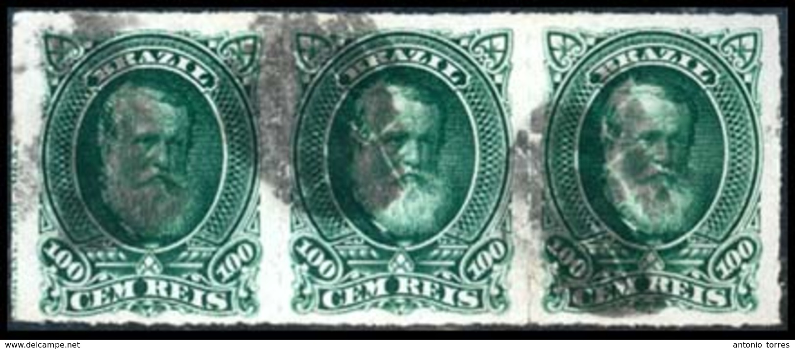 BRAZIL. 1878. 100r Green, A Used Strip Of Three Cancelled In Black. Scott 72. - Altri & Non Classificati