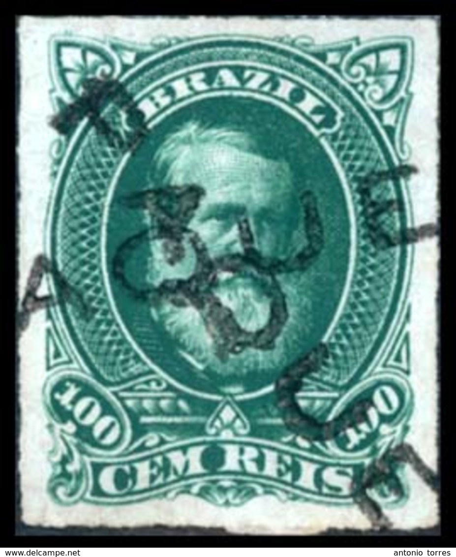 BRAZIL. 1878. 100r Green, A Used Example Cancelled By Two Strikes Of Unframed Straight Line PAQUEBOT Handstamps In Black - Altri & Non Classificati