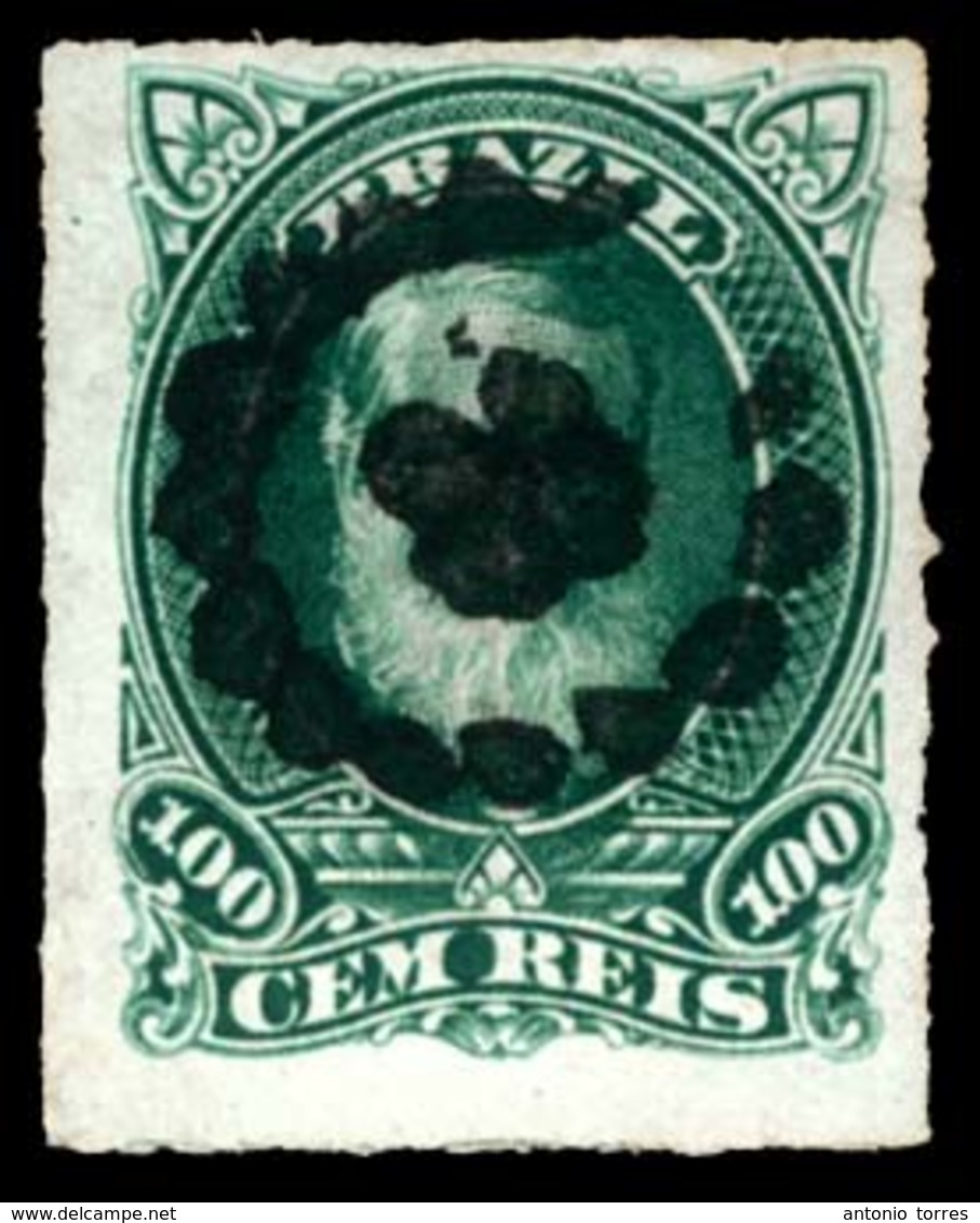 BRAZIL. 1878. 100r Green Cancelled By Complete Strike In Black Of Circular Whirl Handstamp With 'petals' In Centre. Unus - Other & Unclassified