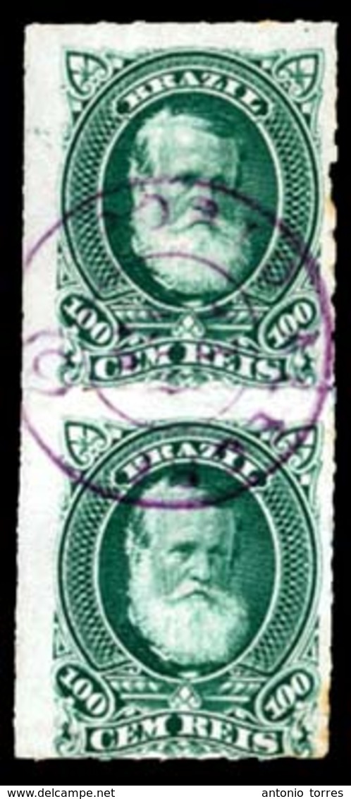 BRAZIL. 1878. 100r Green In A Fine Used Vertical Pair Cancelled By Single Neat PORTO ALEGRE Cds Of 13.Jun.80 Struck In V - Other & Unclassified