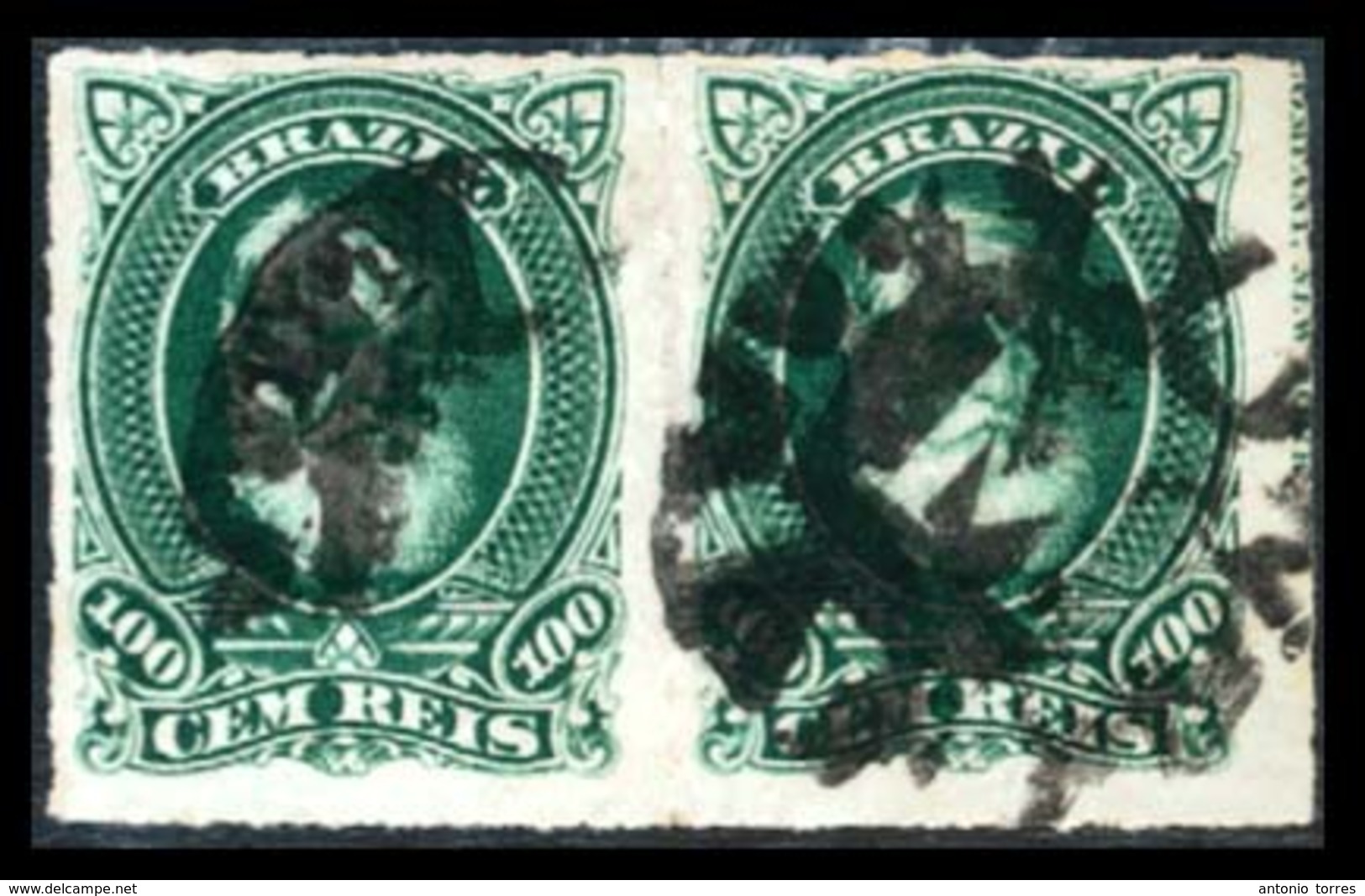 BRAZIL. 1878. 100r Green In A Fine Used Pair Cancelled By Fancy Framed 'M' Postmark In Black. Scarce Cancellation, Ayres - Other & Unclassified