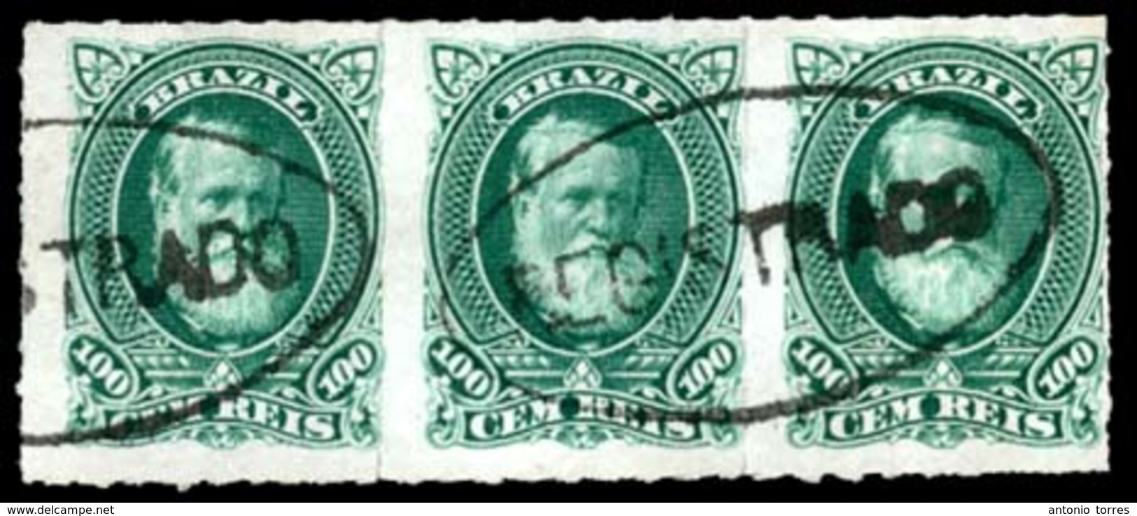 BRAZIL. 1878. 100r Green In A Fine Used Strip Of Three Cancelled By Two Strikes, One Complete, Of Very Fine Oval 'REGIST - Sonstige & Ohne Zuordnung
